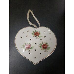Vintage Porcelain Heart W/ Roses Sachet Pomander Original Sticker READ!